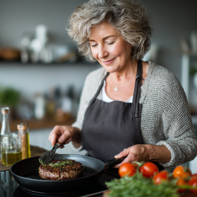 Літня жінка готує здорову їжу